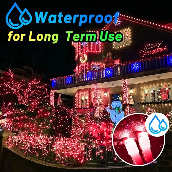 KNONEW Outdoor Christmas Lights 300 LED 99ft String Lights 8 Modes &amp Memory Fairy Light Plug in Waterproof LED String Lights for Xmas Yard Tree Wedding Party Holiday Decorations (Red)