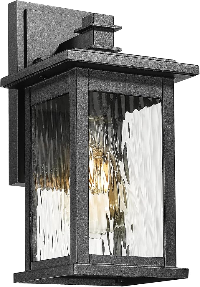 Emliviar 1 Pack Modern Outdoor Lighting Wall Mount Front Porch Light with Water Ripple Glass Shade Black Finish 1803EW1-WP BK