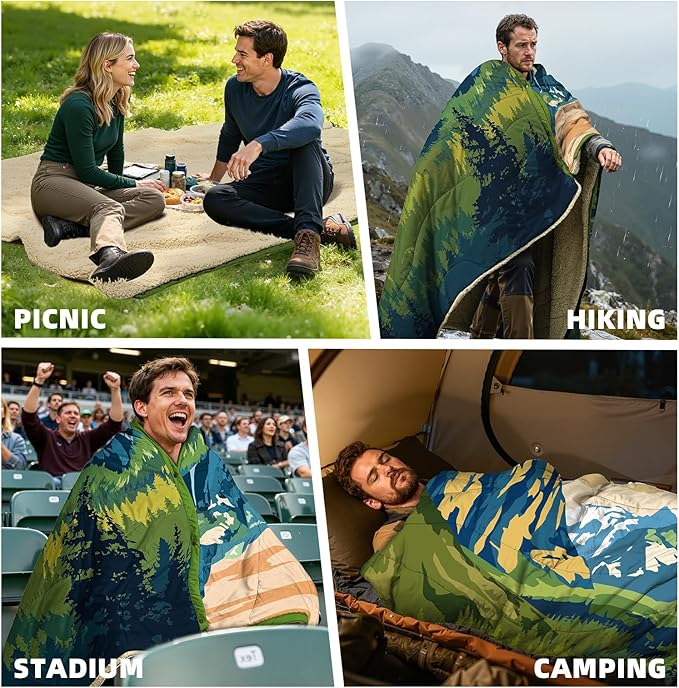 Outdoor Camping Blanket with Sherpa Lining Extra Warm Thick Camp Blankets and Puffy Ultralight Soft Poncho DWR Camping Quilt for Cold Weather Adventure Sleeping Backpacking 78x 56