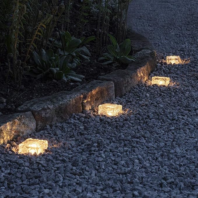 Outdoor 4 Pack Ice Cube Bricks Rocks Lights Solar Powered LED In Ground Pathways Patio Yard Garden Glow Lights Decor