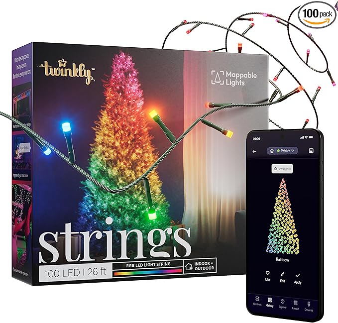 Twinkly Strings 100 LED RGB LED Light String for in- and Outdoor Smart LED Lights Mappable LEDs Compatible with Alexa and Google Home IP44 Controlled by App Green Wire 8m