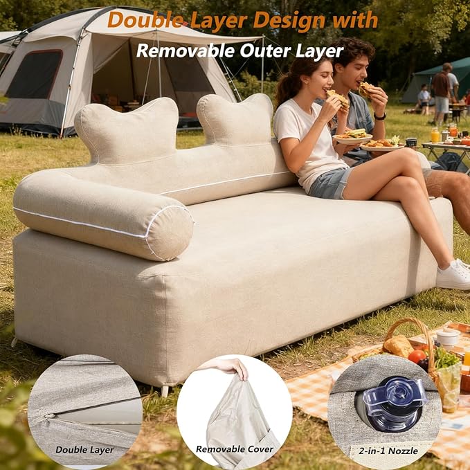 Portable Double Air Couch - Heavy Duty Outdoor Air Beach Couch Inflatable Lounger for Camping Picnics and Beach Games Camping Essentials for Aduilts 880 lbs (Double Inflatable Couch Khaki) | Outdoor