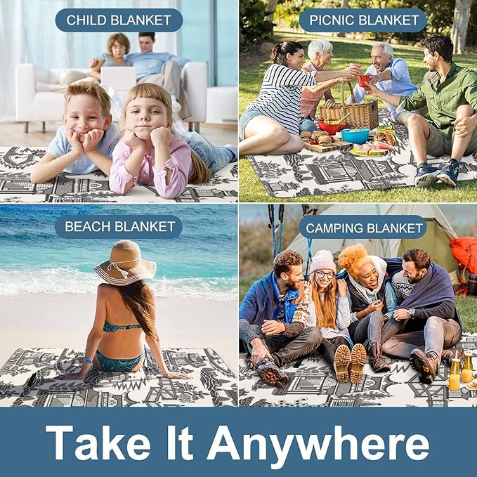 Blue and White Chinese Folk Chinoiserie Style Waterproof Outdoor Picnic Blanket Sandproof Beach Mat for Camping Hiking Grass Travelling