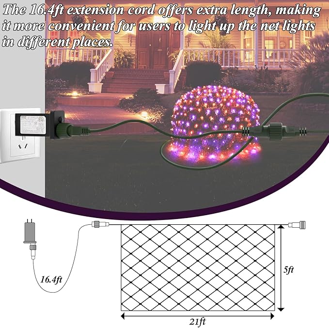 360LED Net Lights Halloween Decorations 21ft x 5ft Purple Orange Mesh Lights with 8 Modes &amp Timer Connectable Waterproof Twinkle String Light for Bushes Tree Garden Lawn Holiday Outdoor Party