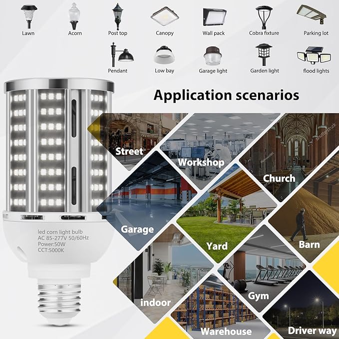 50W 2 Pack LED Corn Light Bulb5000K Daylight 6500LM(500W Equivalent) Commercial GradeE26/E39 Medium Mogul Base LED LampLarge Area Lights for Outdoor Indoor Garage Warehouse Factory Bay Light