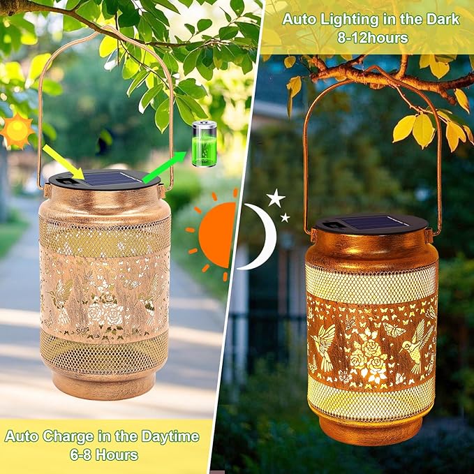 2 Pack Hummingbird Solar Lanterns Outdoor Waterproof Solar Garden Decor Birthday Gifts for Women Mom Grandma Metal Hanging Lights with Shepherd Hook for Yard Patio Pathway Backyard Porch