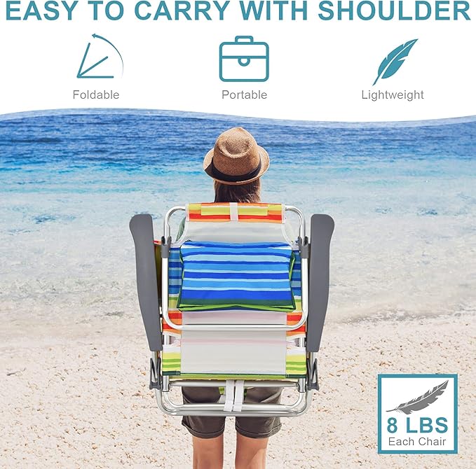 S AFSTAR Folding Beach Chair Set 2 Pack Folding Chair and Aluminum Small Table 5-Position Adjustable Camping Chairs with Ice Bag Comfort Pillow 3 PCS Backpack Recline Beach Chairs (Color Strip)