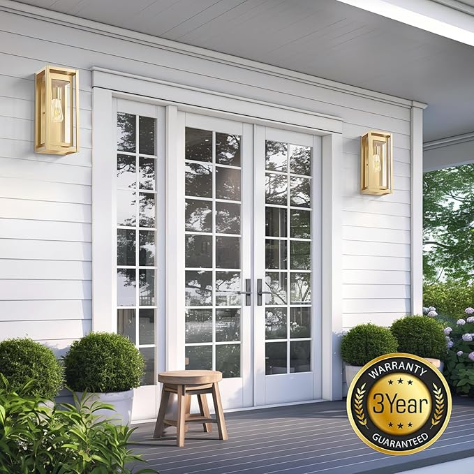 15 Large Gold Outdoor Light Fixture Wall Mount 2 Pack Waterproof Outdoor Sconces Modern Wall Lights with Clear Glass Shade for Front Door Porch Garage