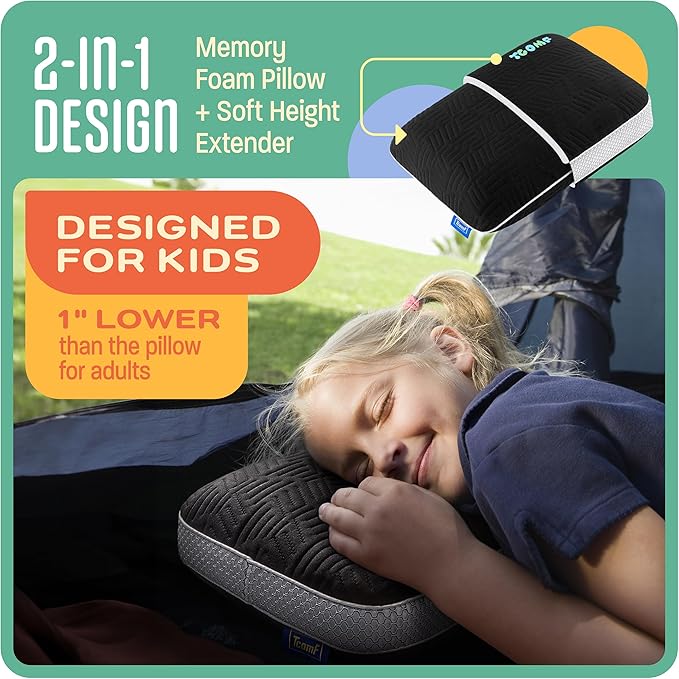 Kids Camping Pillow: Dual-Cover Memory Foam Small Pillow Medium-Firm Camp Pillow | Mini Pillow w/ 5 Layers for Comfort and Support Small Travel Pillow/Compact Pillow 10x16 Inches (Black)
