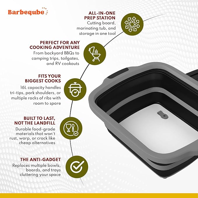 Collapsible BBQ Prep Tub XL with Locking Lid &amp Cutting Board - Pro-Grade Silicone Grill Station for Brisket Ribs Meal Prep - Space-Saving Portable Container for Camping Tailgating &amp Outdoor