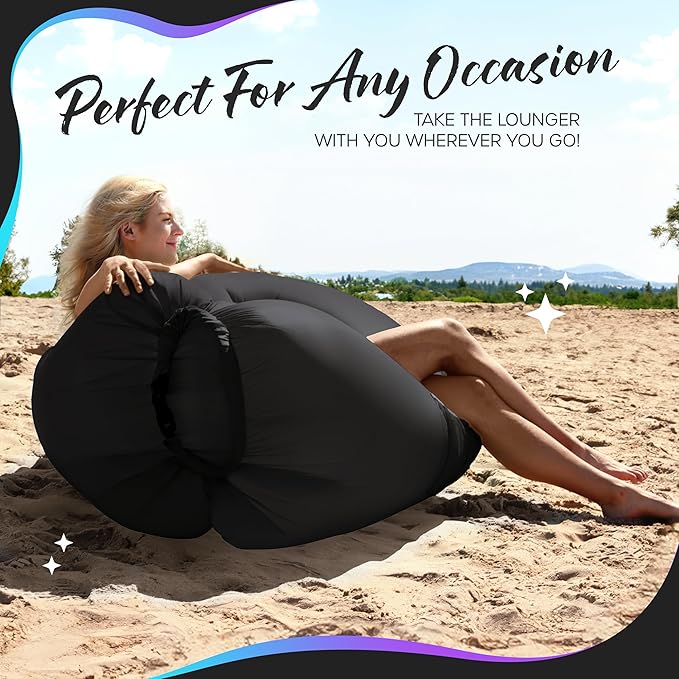 Nevlers Dark Black Inflatable Lounger | 210T Polyester Inflatable Chair | No-Pump Air Couch | Outdoor Inflatable Couch w/ 450lbs. Cap. Pockets &amp Matching Bag | Use as Blow Up Couch for Adults &am