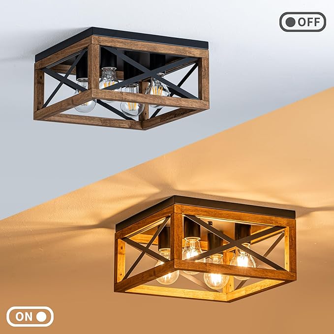 Farmhouse Ceiling Light 4-Light Flush Mount Ceiling Light with Black Metal and Wood Rustic Light Fixture for Hallway Entryway Kitchen