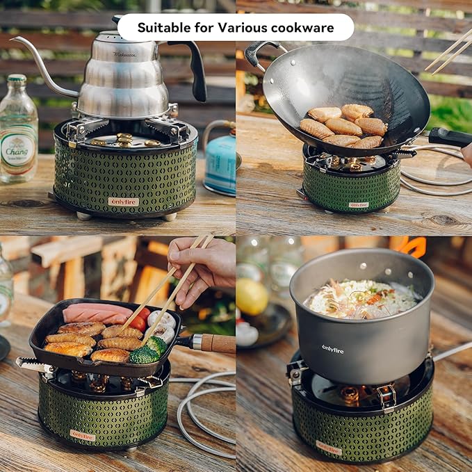 ONLYFIRE OUTDOOR LIVING Portable Camping Gas Stove with Storage Bag &amp Gas Adapters 5 Burners Propane Stove for Outdoor Patio Cooking Picnic Camping Hiking Tailgating Emergency Use Green GS344