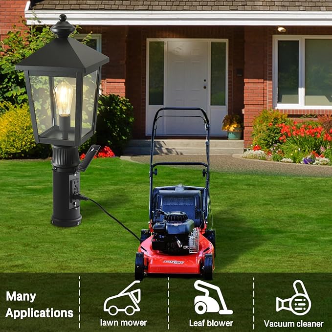 Outdoor Post Light with GFCI Outlet Dusk to Dawn Aluminum Pole Lantern with Built-In Weatherproof Socket IP65 Waterproof Post Light Fixture with Clear Glass Shade Black for Yard Pathway Garden