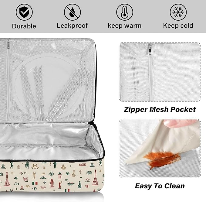 Casserole Carrier Red and Green Italian PatternInsulated Casserole Carrier for Hot or Cold Food Thermal Lunch Tote for Potluck Parties Picnic Beach Fits 9 x 13 Inches Baking Dish