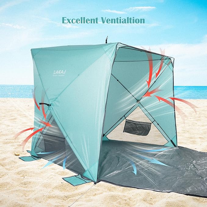 Beach TentBeach Sun Shelter with UPF 50+UV Protection with Extendable Floor mat for 3-4 Person Waterproof Portable Easy Setup Beach Canopy Shade Tent for Outdoor Camping Picnics