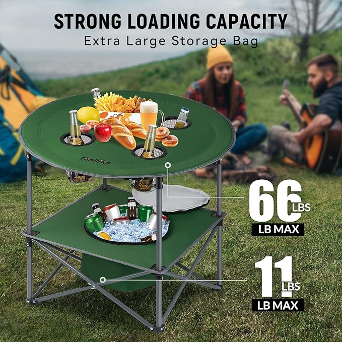 Portable Lightweight Folding Camping Table - Collapsible Foldable Picnic Camp Table with Cooler 4 Enlarged Upgraded Cup Holders and Carry Bag for Tailgating Beach BBQ RV Hiking Party Travel