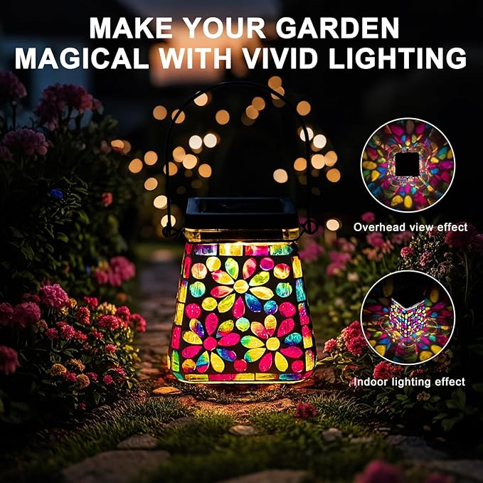 VOREEN Mosaic Glass Solar Lantern &amp Table Lamp 600mAh Solar Powered Outdoor Light Dual Modes Warm White &amp RGB Waterproof IP44 Garden Patio Yard Decor Handmade Gift for Women Mom Friends