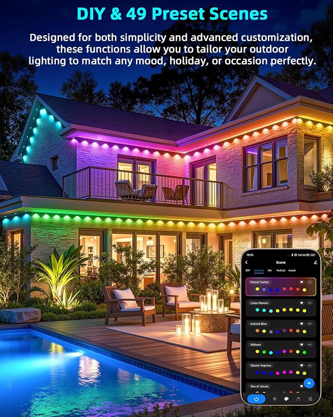 REYLAX Permanent Outdoor Lights Pro 150ft with 108 Triple-LED 135lm RGB+IC Smart Eaves Christmas Lights for House IP67 Waterproof Multi Scenes for Outdoor Decor Works with Alexa Google Remote