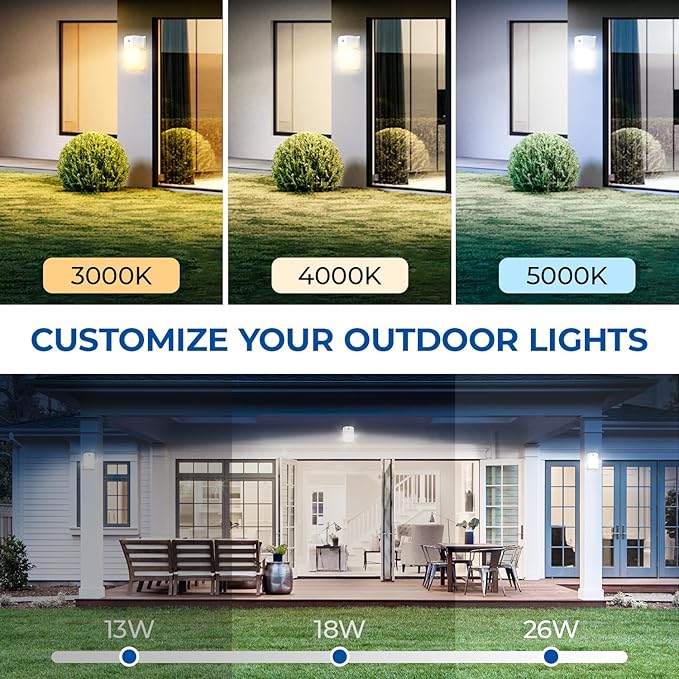 CINOTON 26W LED Wall Pack Light with Dusk to Dawn Sensor 3CCT 3000K/4000K/5000K 26W/18W/13W Switchable [100-277Vac] IP65 Waterproof Outdoor Security Flood Lighting for Garage Warehouse 2 Pack