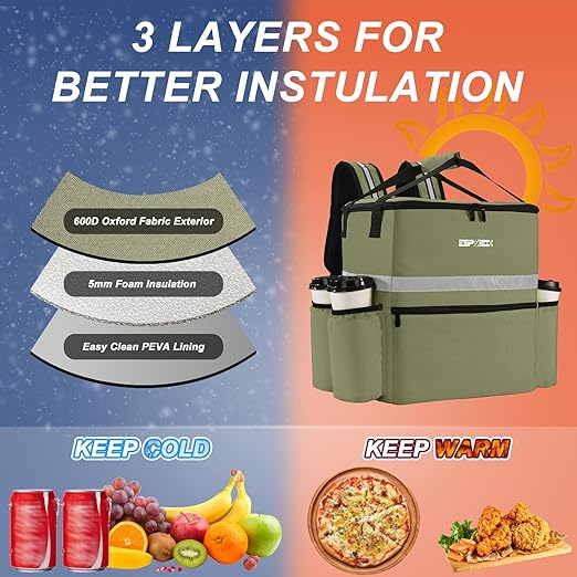 Food Delivery Backpack w/4 Cup Holder &amp Insulated Pizza Bag for Delivery Bike - Large &amp Leakproof Hot/Cold Delivery Bags for Uber Eats Doordash &amp Postmates (Green)