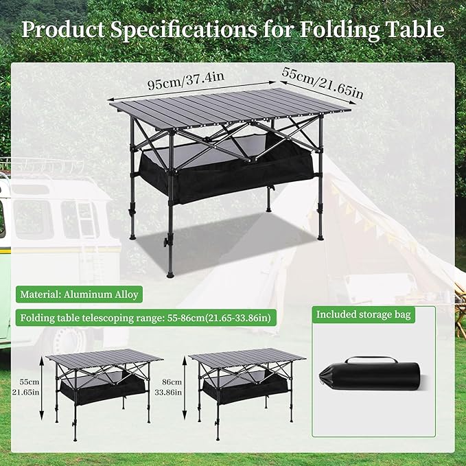 Adjustable Height Aluminum Folding Camping TableFolding Grill Tablefor Outdoor Camping Beach BBQ Patio and Picnic Durable &amp Waterproof with Carrying Bag (Trumpet)