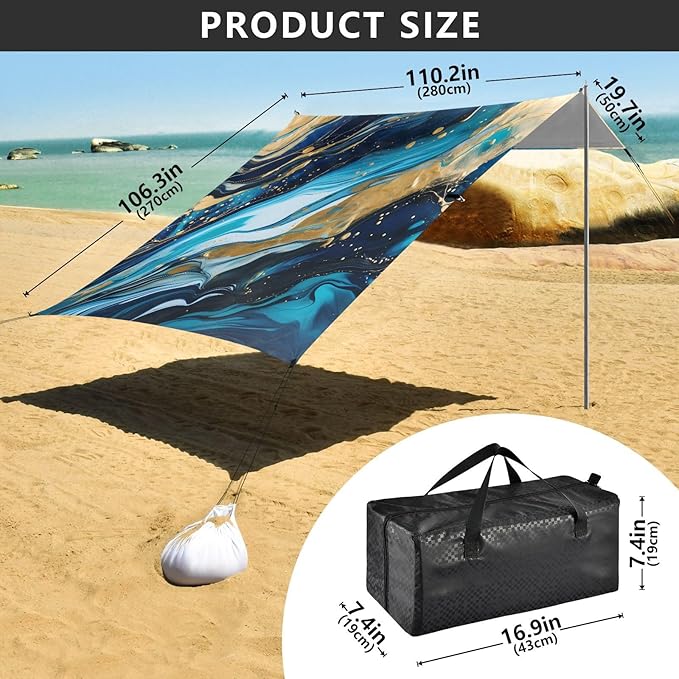 ALAZA Blue &amp Gold Marble Beach Tent Sun Shelter UPF50+ Protection Beach Shade Canopy w/ 4 Sandbags for Outdoor Camping Fishing Backyard Fun Picnic 10x9 ft