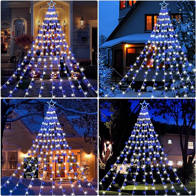 Christmas Decorations Outdoor11.5 ft 317 LED Star Christmas Tree Lights8 Memory Lighting Modes&ampTimer Star Light for YardWeddingParty Decorations(Blue+White)