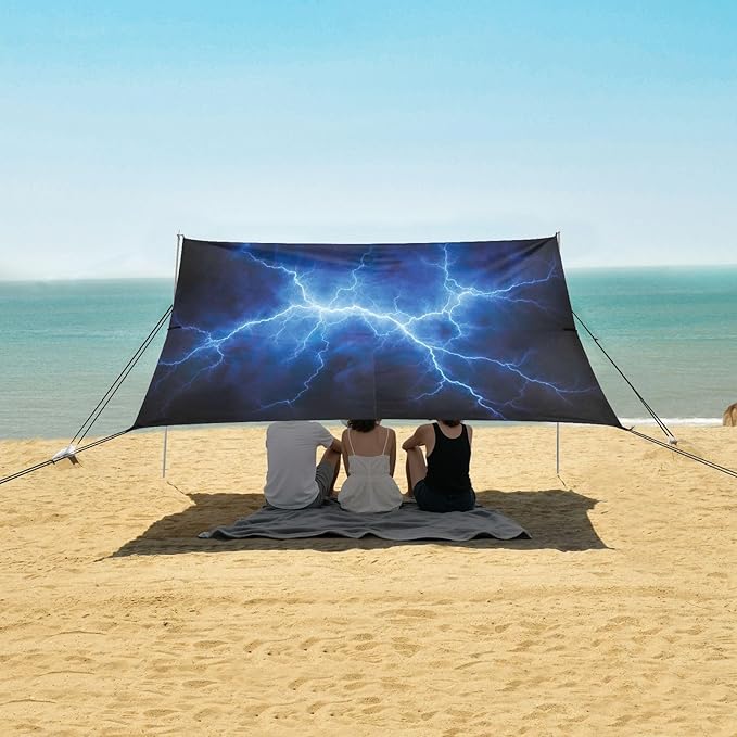 Blue Lightning Black Beach Tent Sun Shelter 9.2' x 10.5' Beach Canopy with 4 Sandbags 4 Stability Poles Sand Shovels - Tent Canopy for Beach Camping Fishing Picnics