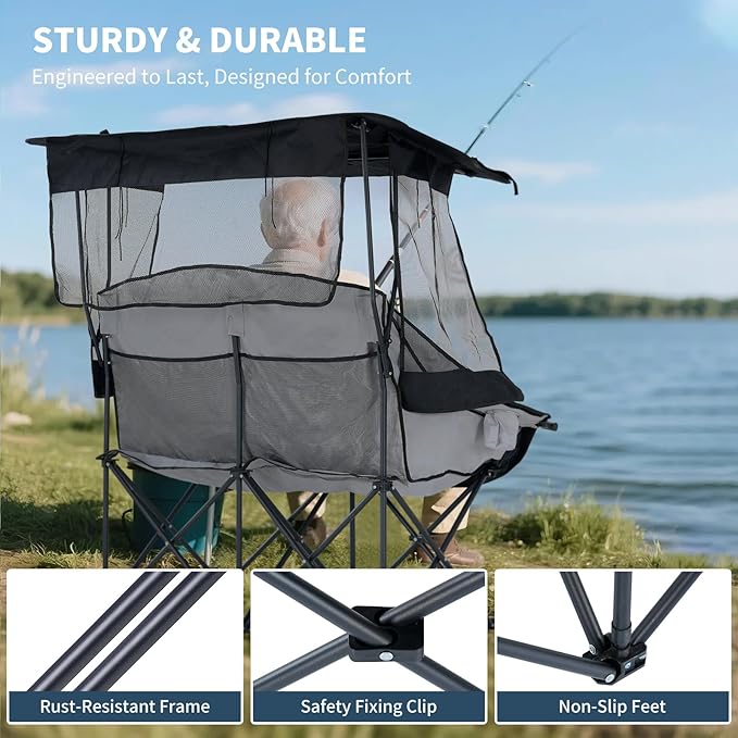 LILYPELLE Double Beach Chair with Canopy Shade Oversized Folding Camping Chair with Canopy Loveseat Camp Chair with Cup Holder Side Pocket for Camp Beach Lawn Fishing