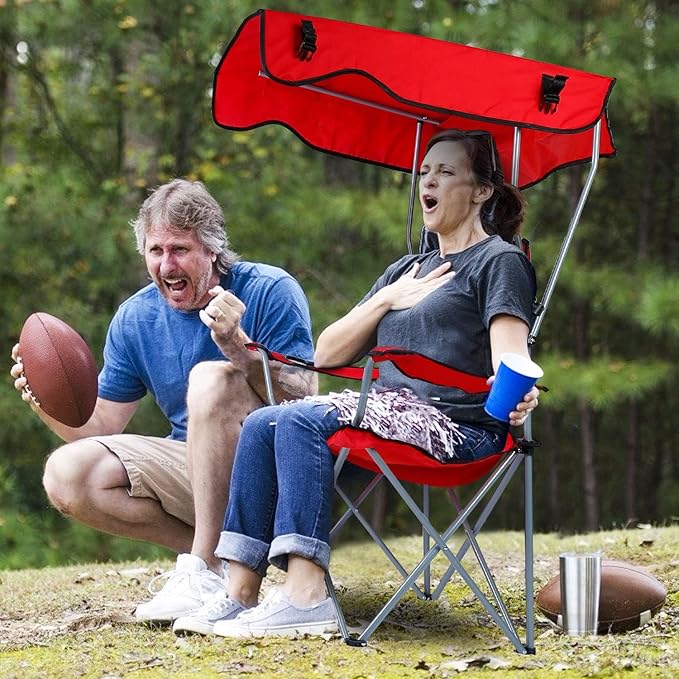 Camping Chair with Canopy Portable Outdoor Folding Beach Chairs with Cup Holder 330LBS Load Lawn Chair for Outside Fishing Beach Picnic (Red)