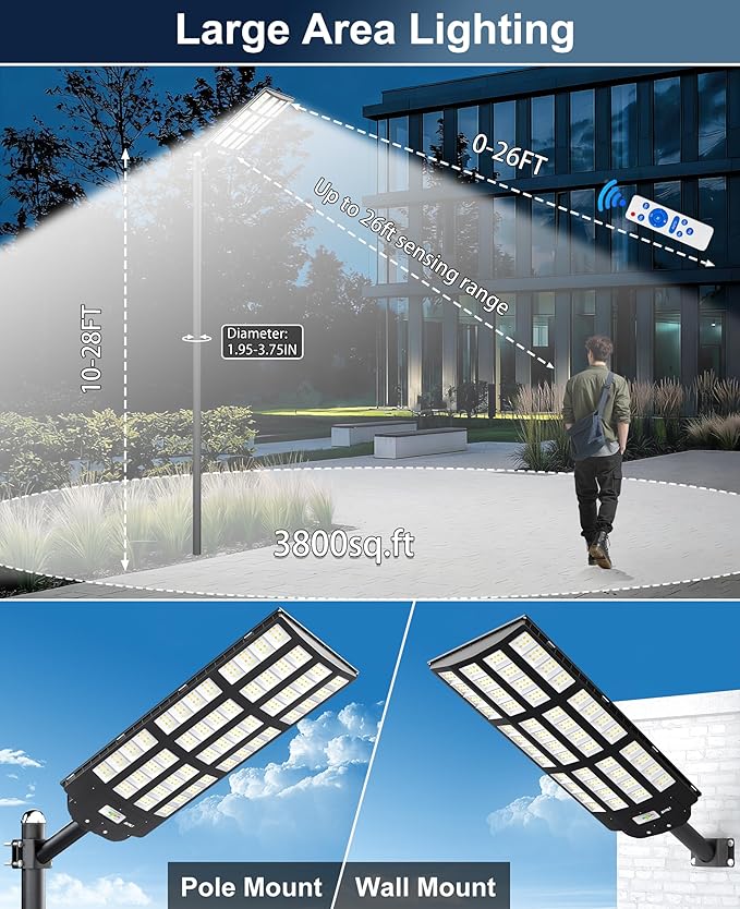 JAYNLT Y-12000W Solar Street Lights Outdoor3000K/4000K/6500K Commercial Parking Lot Lights Dusk to DawnSolar Flood Lights Outdoor for Basketball Court Yards Driveways Farms