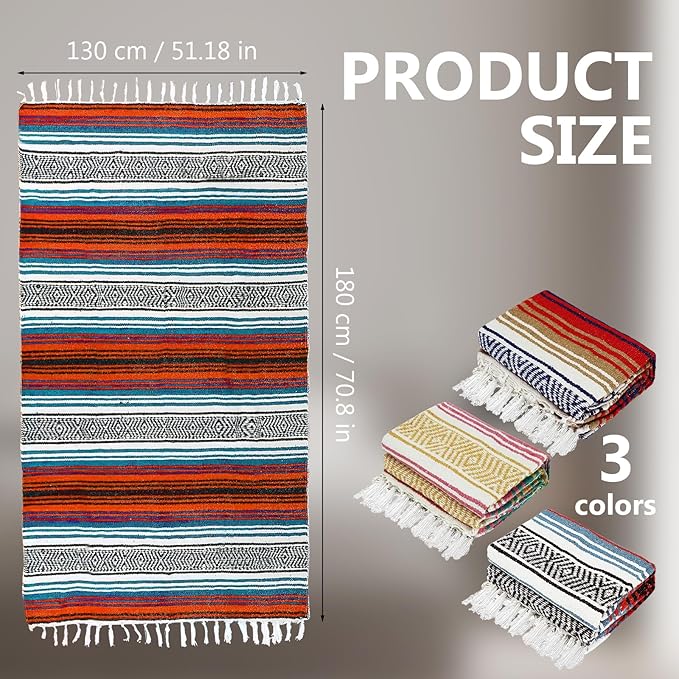 3 Pcs Mexican Blanket Bulk 45 x 70 Inch Yoga Blanket Large Cotton Outdoor Camping Blankets with Fringed for Outdoor Beach Picnic Home Decor