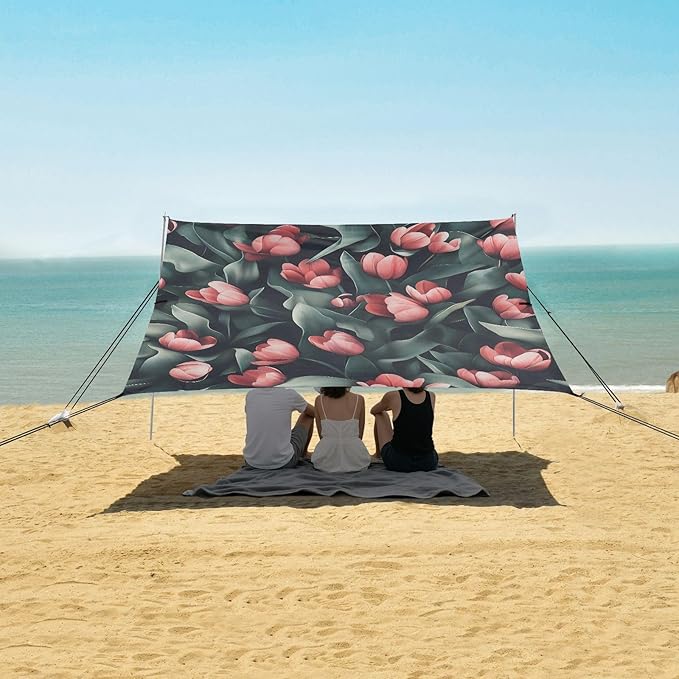 Beach Tent Sun Shelter Pink Tulips Leaves Lightweight &amp Easy Setup Beach Shade Canopy for Camping Fishing