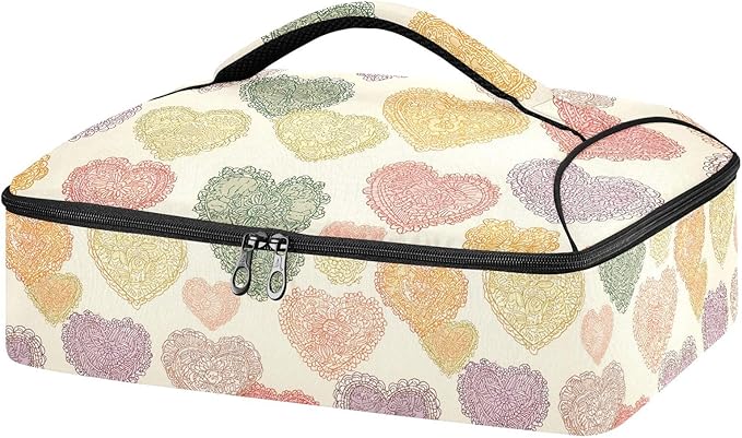 Casserole Carrier Lace Heart PatternInsulated Casserole Carrier for Hot or Cold Food Thermal Lunch Tote for Potluck Parties Picnic Beach Fits 9 x 13 Inches Baking Dish