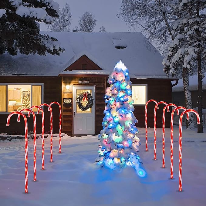 26 Christmas Candy Cane Pathway Markers Lights Set of 10 Pack Christmas Outdoor Decorations Candy Cane Lights for Yard Patio Garden Walkway Indoor Décor Landscape Path Festival Holiday Red