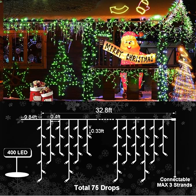 KNONEW Christmas Lights Outdoor Decorations 400 LED 33ft 8 Modes Curtain Fairy String Light with 75 Drops Clear Wire LED String Light Indoor Decor for Wedding