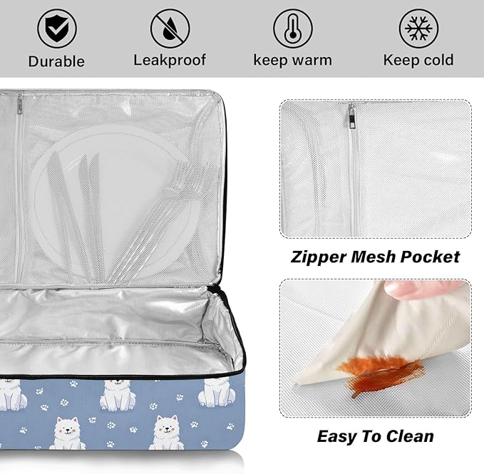Casserole Carrier Cute Cartoon White DogInsulated Casserole Carrier for Hot or Cold Food Thermal Lunch Tote for Potluck Parties Picnic Beach Fits 9 x 13 Inches Baking Dish