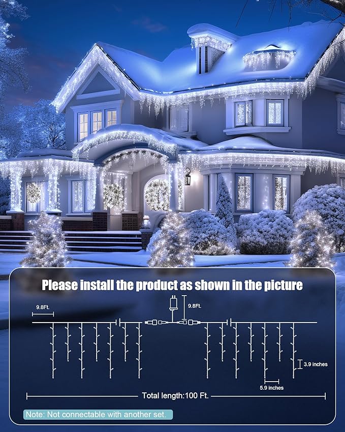 Minetom Icicle Lights for Outside 100Ft 832 LED White Christmas Lights with 156 DropsChristmas Icicle Light with Remote and Timer for House Roof Pure White