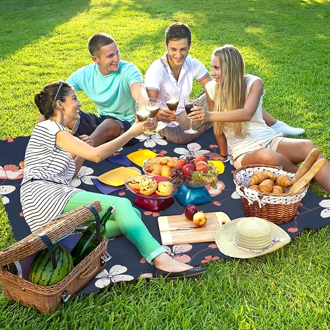 Waterproof Sandproof Beach Blanket 59''×68'' Flower Polyester Outdoor Picnic Blanket with 4 Stakes &amp Storage Bag for BeachCampingVacation Blue Background