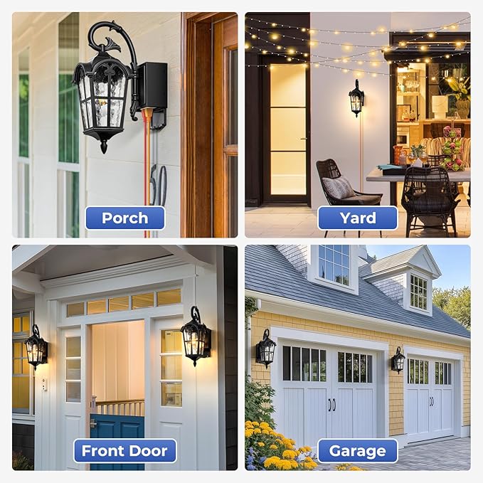 Outdoor Porch Light with Outlet Dusk to Dawn Porch Light Outdoor House Lights Wall Mount Aluminum Exterior Wall Sconce with Water Ripple Glass Waterproof Outside Sconce Lights for House