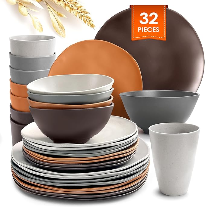 Teivio 32-Piece Kitchen Plastic Wheat Straw Dinnerware Set Service for 8 Dinner Plates Dessert Plate Cereal Bowls Cups Unbreakable Plastic Outdoor Camping Dishes Smoky Brown