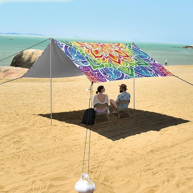 ALAZA Rainbow Mandala Flower Beach Tent Sun Shelter UPF50+ Protection Beach Shade Canopy w/ 4 Sandbags for Outdoor Camping Fishing Backyard Fun Picnic 10x9 ft
