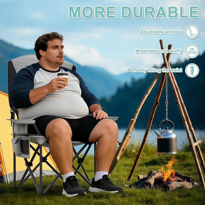 Oversized Camping Chairs 2 Pack - 450lbs Support Folding Camping Chair for Adults w/Padded Back &amp Arm Sport Chairs Cup Holder Cooler Bag Heavy Duty Portable Lawn Chairs for Sports Garden Beach