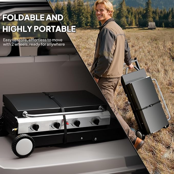 ROVSUN 4 Burner Foldable Propane Griddle with Wheels Enameled Tray &amp Lid 40000 BTU Portable Rolling Flat Top Gas Grill with Electronic Ignition &amp Regulator for Outdoor Cooking Camping BBQ Ta