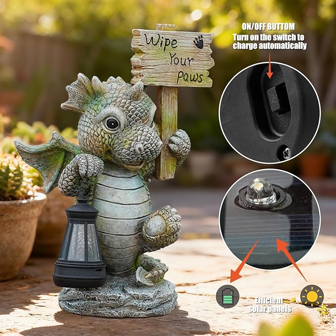 Solar Dragon Garden Statue with Lantern Resin Outdoor Yard Decor Figurine Waterproof Solar Powered Light for Patio Lawn Walkway &amp Front Porch (Dragon)