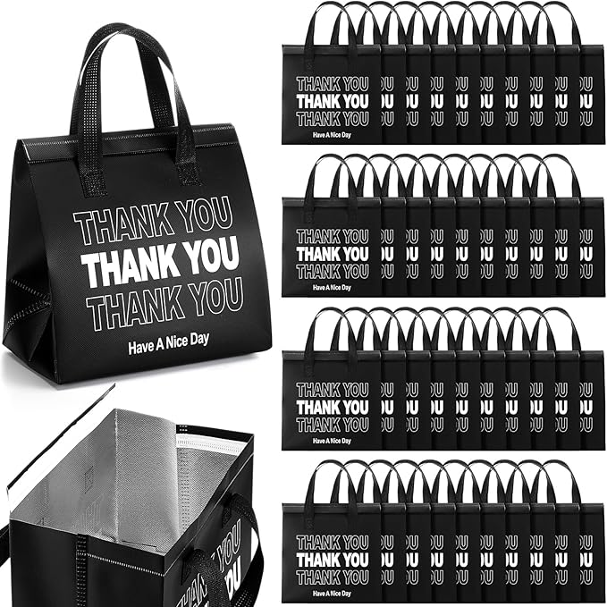 Aliceset 80 Pcs Thank You Insulated Bags for Food Delivery Bulk 9.5 x 9.5 x 6 Inch Thermal Insulation Bag for Cold and Hot Food for Travel Pizza Coffee Milk Catering Restaurant Picnic (Black)
