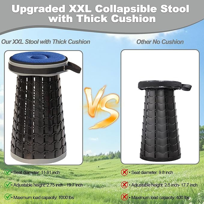 ALEVMOOM 2026 Upgraded XXL 19.7 Collapsible Stool with Cushion 1000lbs Max Weight Heavy Duty Portable Telescoping Stool Retractable Seat Folding Chair for Camping Fishing Hiking(Grey-XXL)