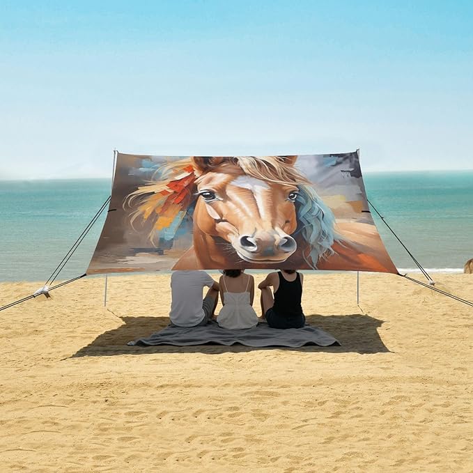 Oil Painting Horse Beach Tent Sun Shelter 9.2' x 10.5' Beach Canopy with 4 Sandbags 4 Stability Poles Sand Shovels - Tent Canopy for Beach Camping Fishing Picnics