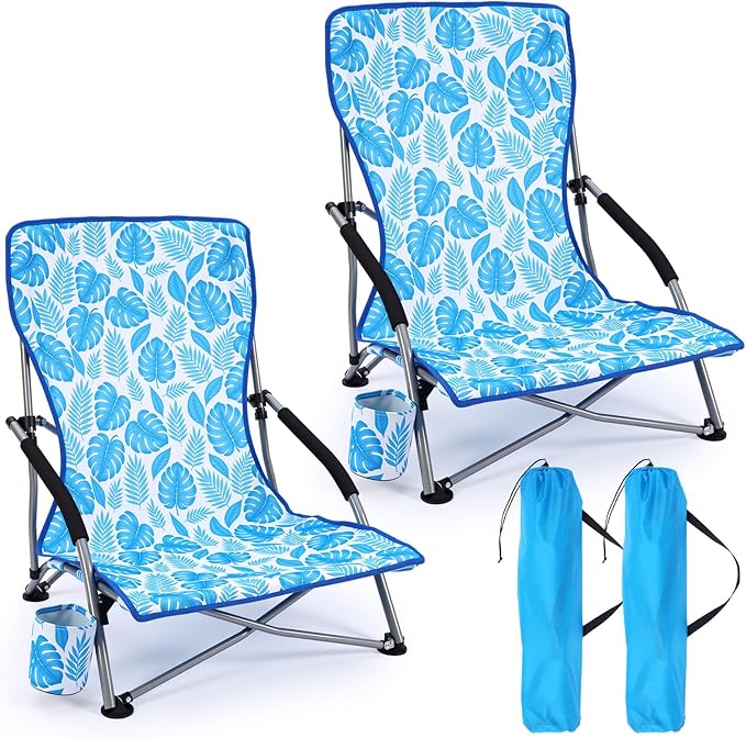 Karenhi 2 Pack Beach Chair Foldable Reclining Portable Lightweight Chair for Adults Camping Concert Lawn Sand Outdoor (Blue Leaves)